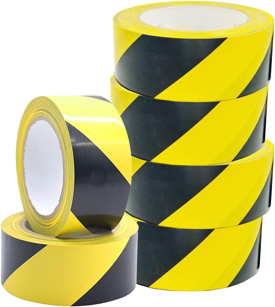 6 x Floor Marking 50mm x 33m LDPE Black & Yellow Heavy Duty High Visibility Floor Hazard Lane Tape