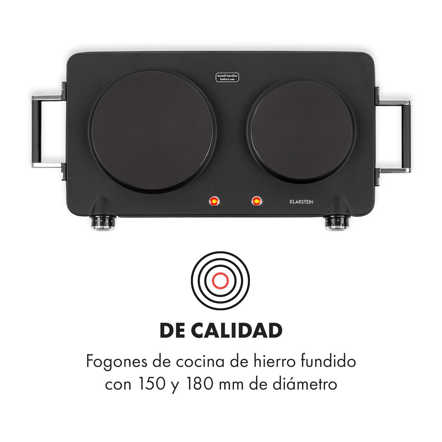 Klarstein Cookorama placa de cocina eléctrica doble - 2250 W, fogones de cocina de 150/180 mm Ø, luces de control, asas, 5 niveles de calor, placas de cocina para camping, negro