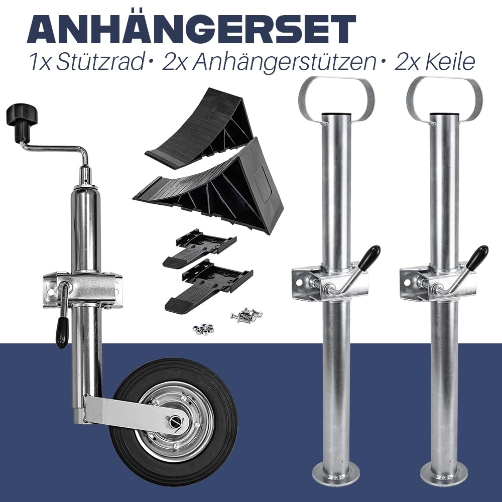 Trucky Set Stützrad für Anhänger + 2X Anhängerstützen + 2X Unterlegkeile Pkw Deichselrad Klemmhalter Anhängerstützrad Keil