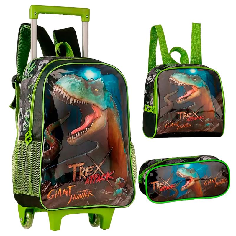 Kit mochila carrinho, lancheira térmica e estojo escolar T-Rex Attack 16'