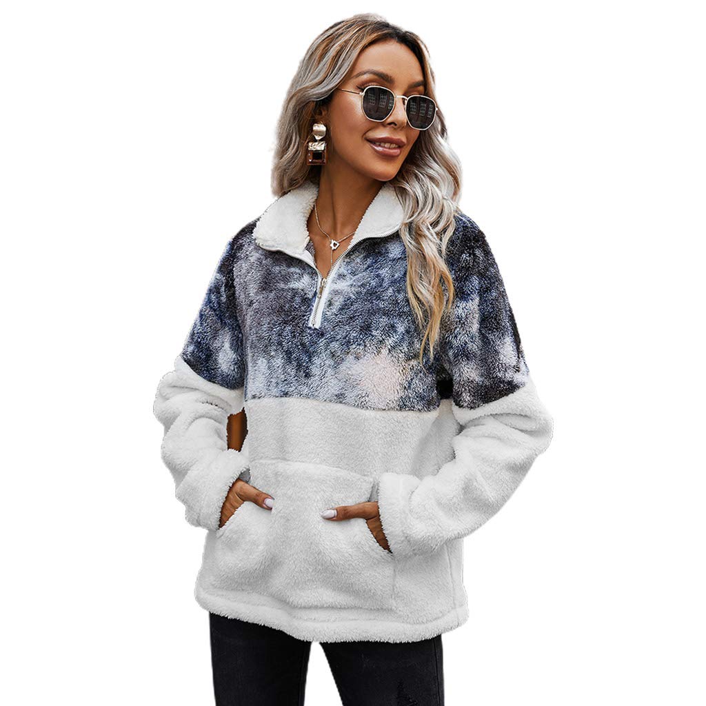 fatteryu Women Tie-Dye Color Block Sweatshirt Half Zip Lapel Long Sleeve  Plush Loose Tops Black White Small : Amazon.co.uk: Fashion