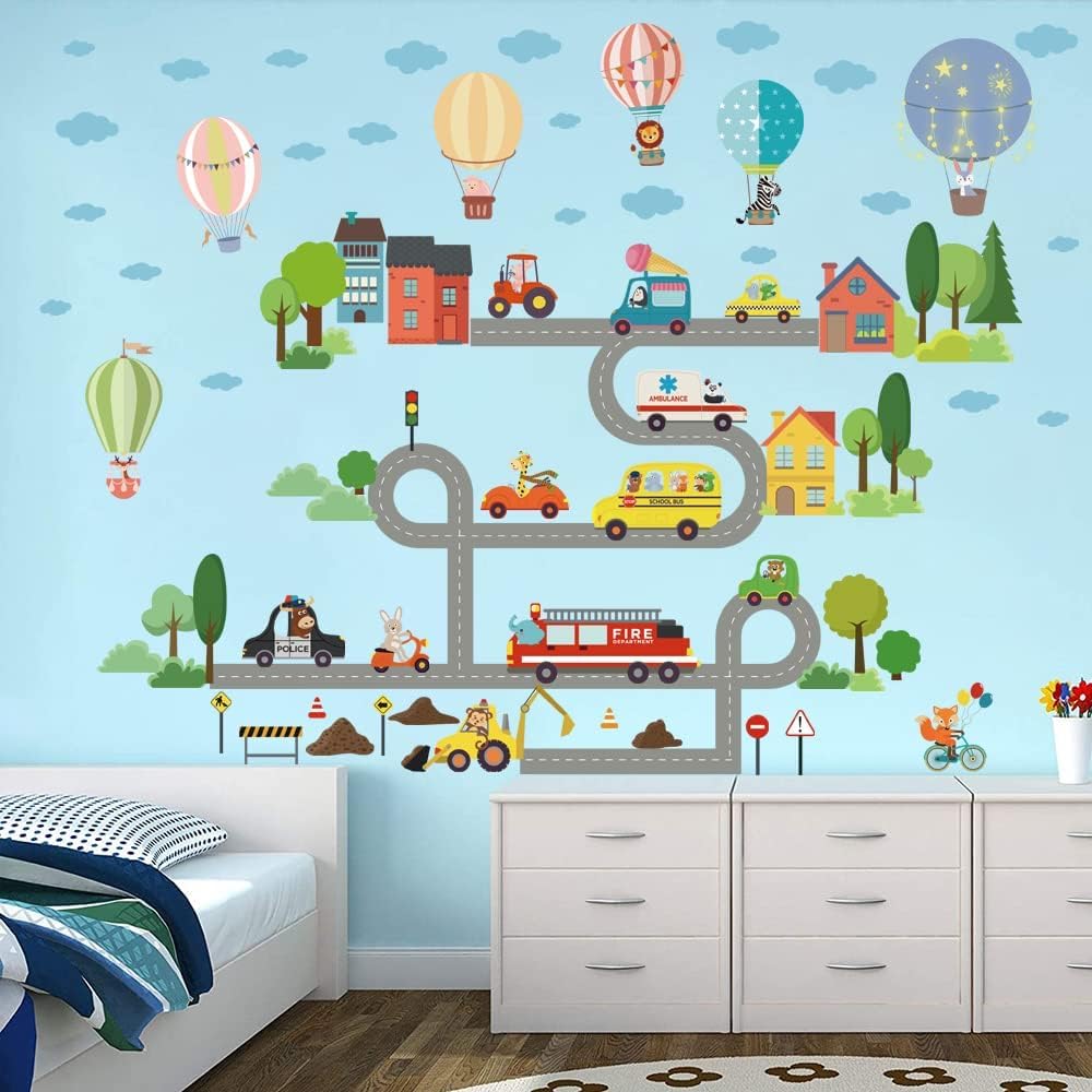Tanlaby Car Road Wall Stickers City Transportation Wall Decal Hot Air Balloon Vehicles Wall Sticker for Kids Baby Nursery Bedroom Playroom Living Room Classroom Wall Decor - Image 4