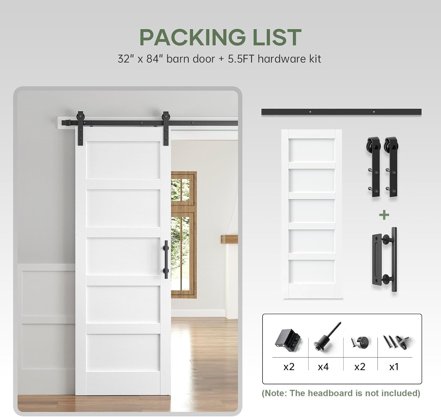 32x84 Inch White Sliding Barn Door Slab with 5.5ft Hardware Kit Included, 5-Panel, MDF Wood Panel Covered with Water-Proof Scratch-Proof PVC Surface, Simple DIY Assembly