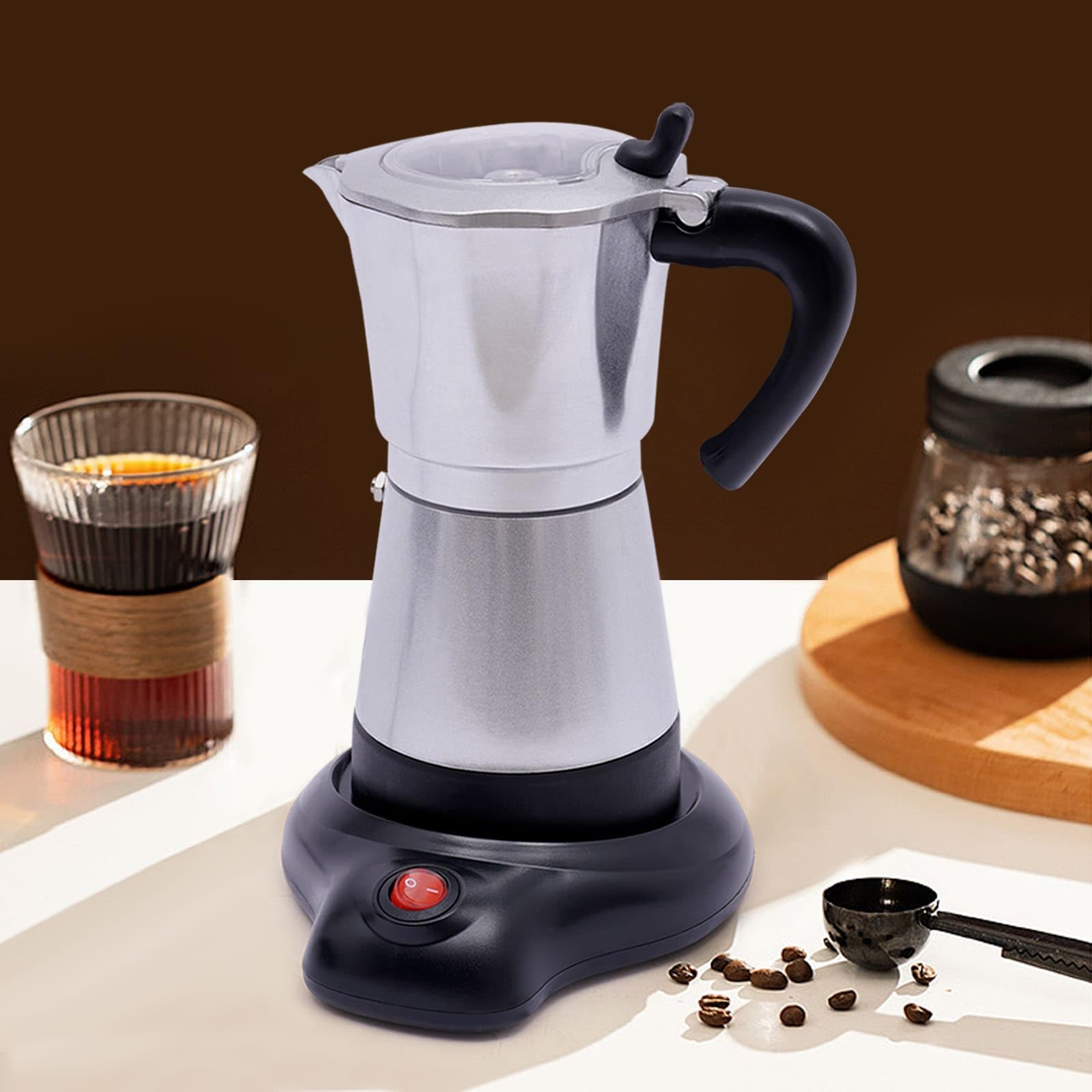 Cafetera Eléctrica Italiana con Base, Para 6 Tazas Espresso, 300 ml, 480 vatios, Aleación de aluminio, rotación 360°, 10,2 x 19,5 cm (plata)