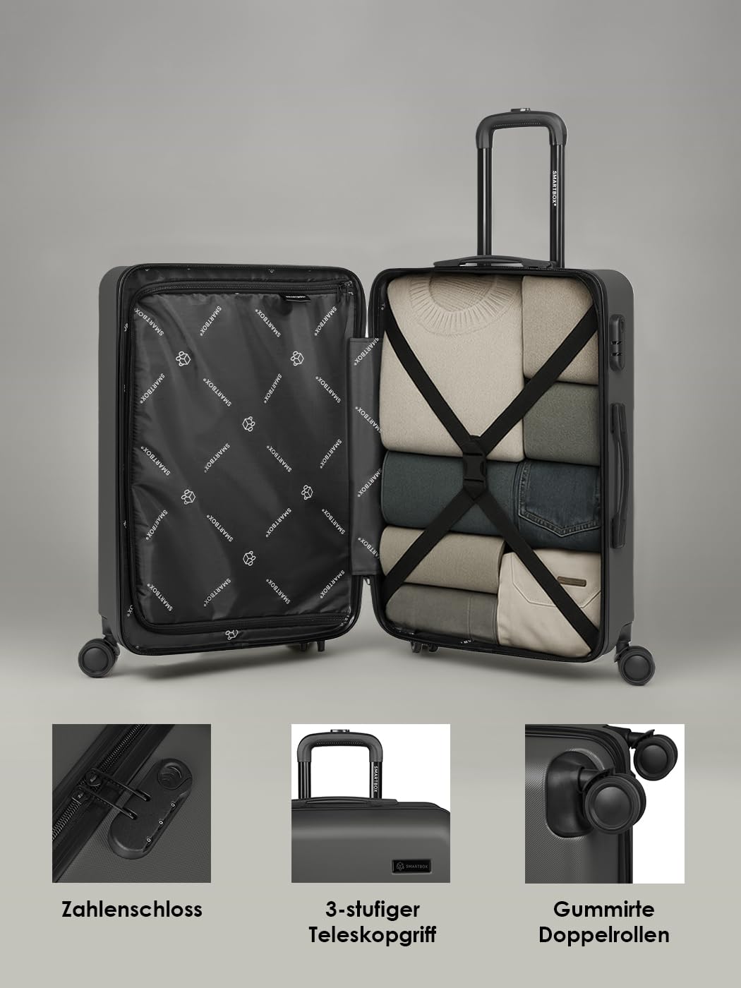SMARTBOX Hartschalen-Koffer M 66x43x27 cm ABS 4-Doppelrollen | Edition 05, Volumen 61 L, Zahlenschloss, leicht, Rollen vertieft