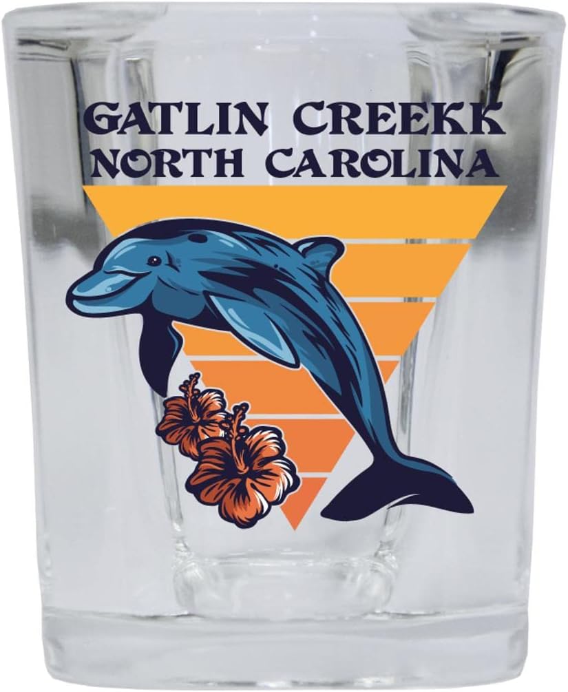 R and R Imports Gatlin Creekk North Carolina Beach Souvenir 2 oz Square Base Shot Glass Dolphin Design Single