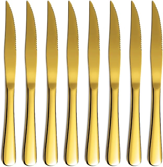 Gold Steak Knife Set, Kyrtaon Golden Serrated Knife, Titanium Gold Plating Stainless Steel Sharp Knives Set, Dinner Knifes Set of 8, Dishwasher Safe Sturdy and Easy to Clean