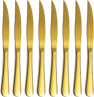 Gold Steak Knife Set, Kyrtaon Golden Serrated Knife, Titanium Gold Plating Stainless Steel Sharp Knives Set, Dinner Knifes Set of 8, Dishwasher Safe Sturdy And Easy To Clean