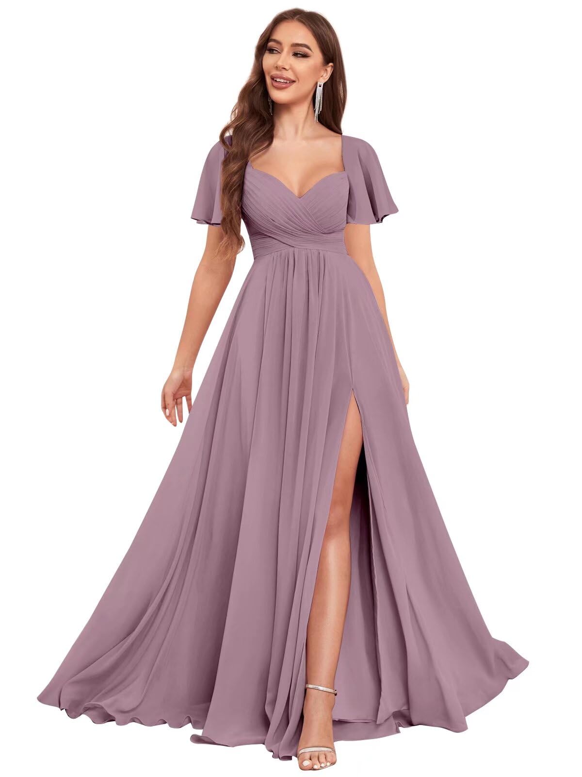 VCCICANY Chiffon Bridesmaid Dresses for Women Flutter Sleeve Pleated V Neck Long Formal Evening Gowns with Slit