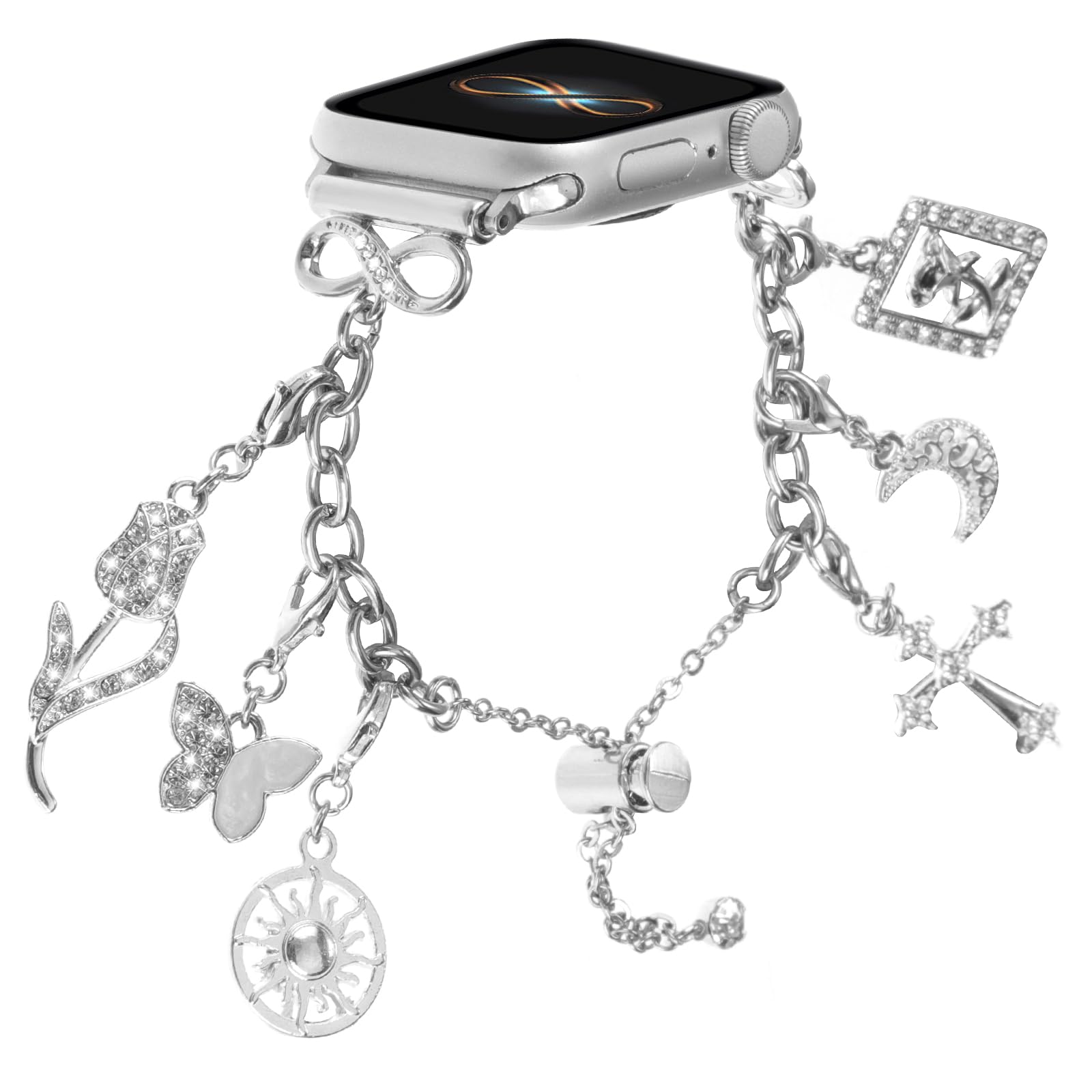 Stylish Metal Bands Compatible with Apple Watch 38mm 40mm 41mm 42mm 44mm 45mm 46mm Women, Dressy Chain Strap with Cute Charms Pendants Wristband for