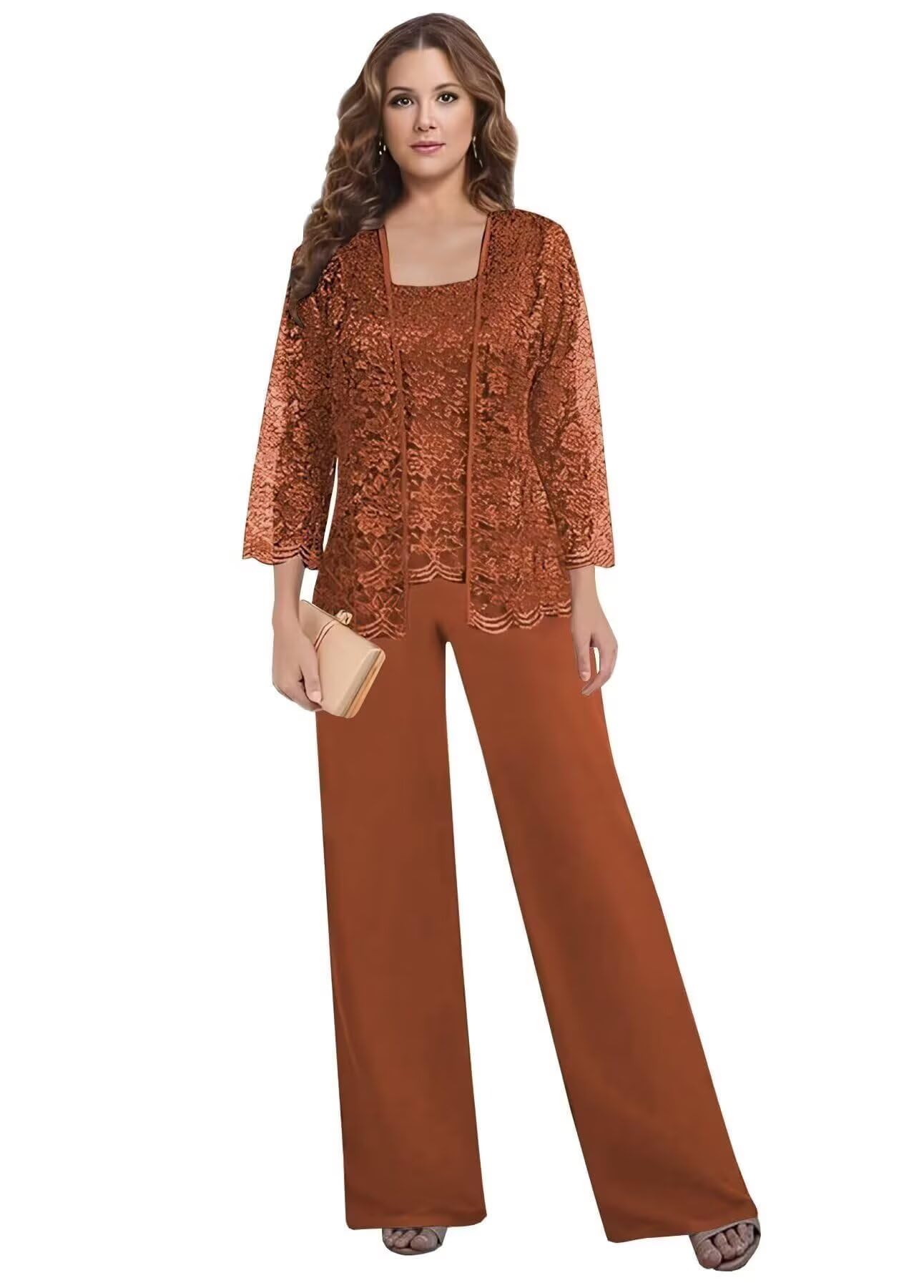 3 Pieces Mother of The Bride Pant Suits for Wedding Long Sleeve Lace Formal Outfits with Jacket CD092