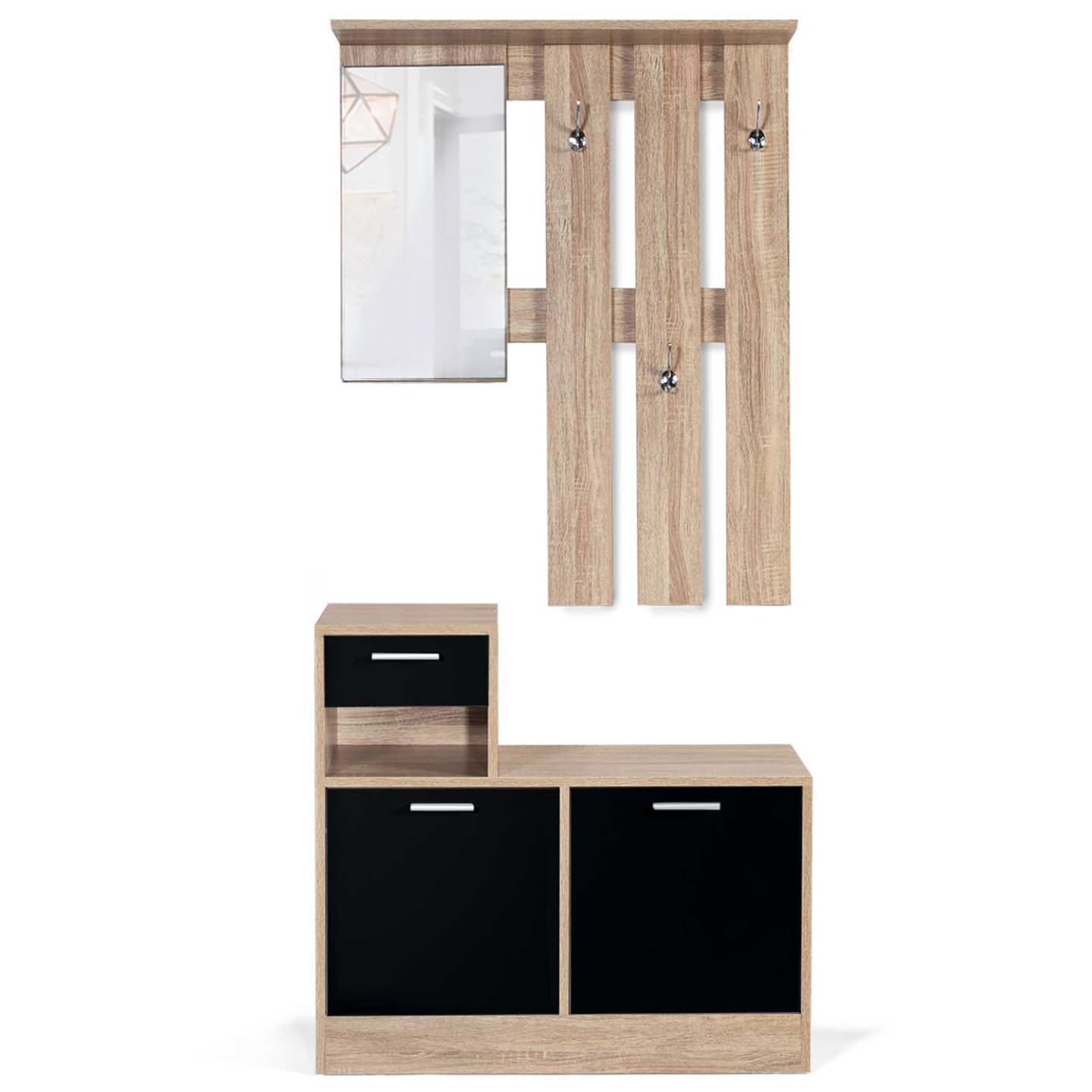 IDMarket - Armario para la entrada con espejo Paulin Design Haya puertas negras