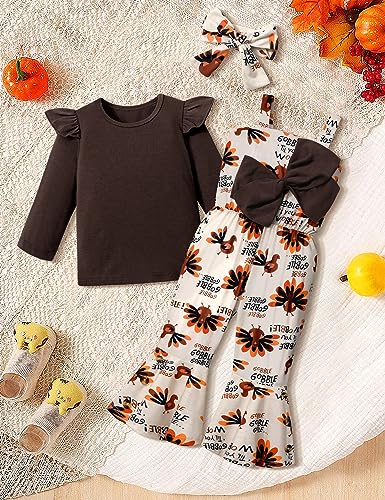 Queenstyle Toddler Baby Girl Clothes Long Sleeve Ruffle Solid Color Tops + Cute Flare Pants with Headband Fall Winter Outfits4