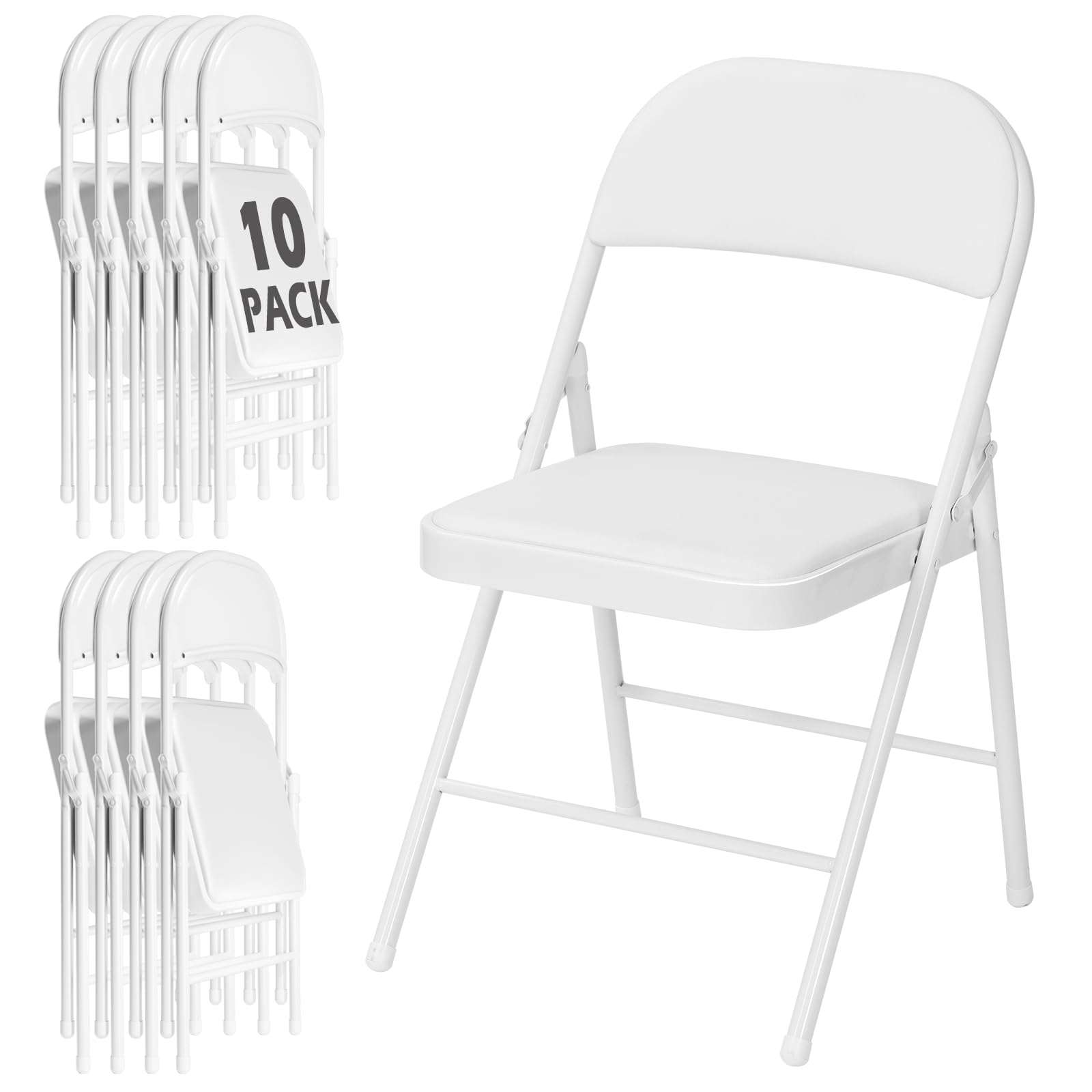 10 Pack White Padded Folding Chairs with Metal Frame