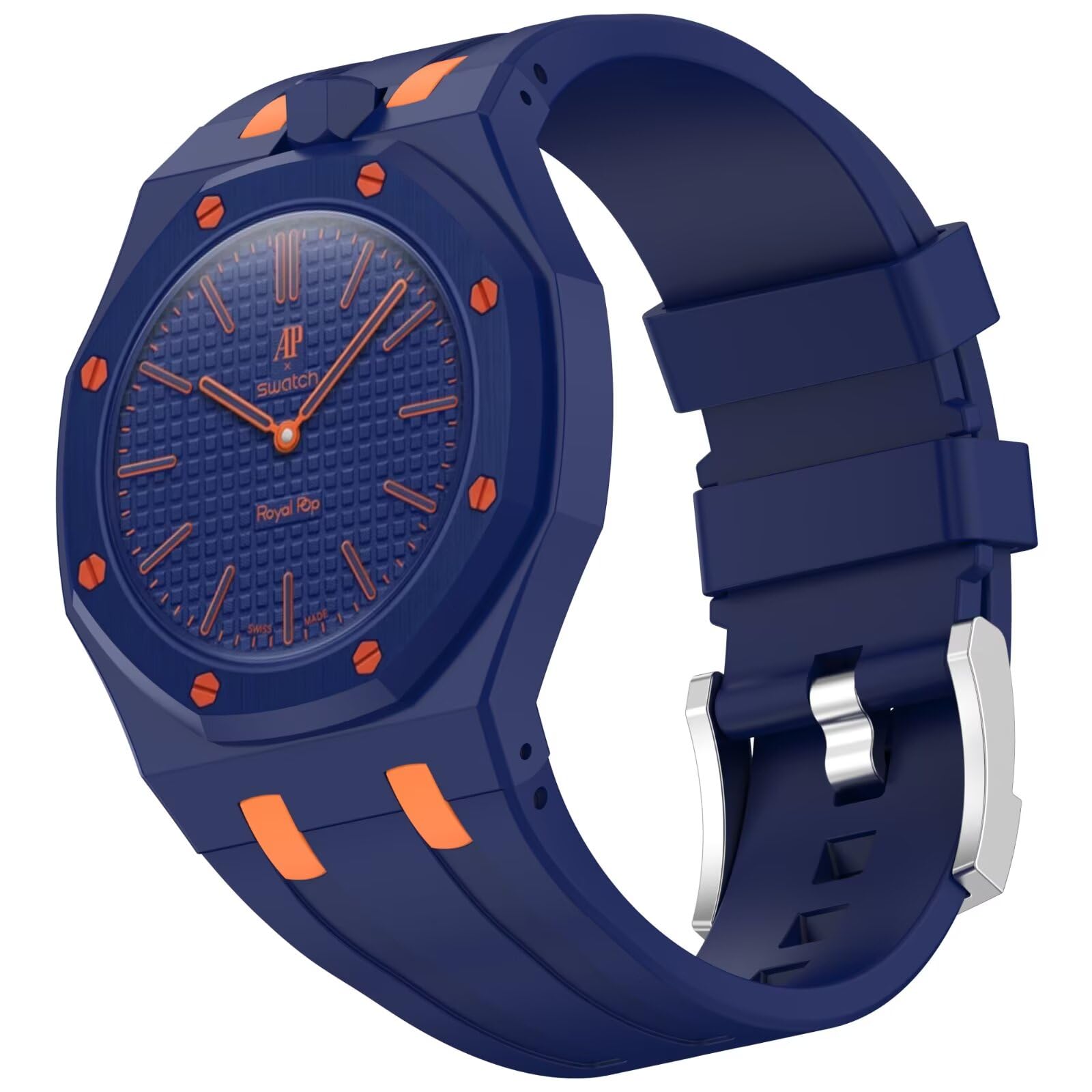BoerHang Strap Compatible with Swatch Royal Pop, Crown for 12 o'clock Position, Integrated Strap with Protective case, Silicone Sports Fitness Watch Strap.(Dark Blue, Orange)