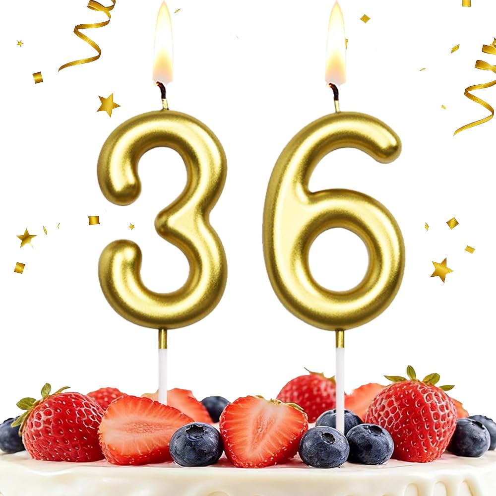 HLWGFJDY 36th Birthday Candles Gold Number 36 Cake Topper Happy Birthday Cake Decorations for 36th Birthday Party, Gold Candles for Birthday Anniversary Celebration Party Supplies（Large Size）