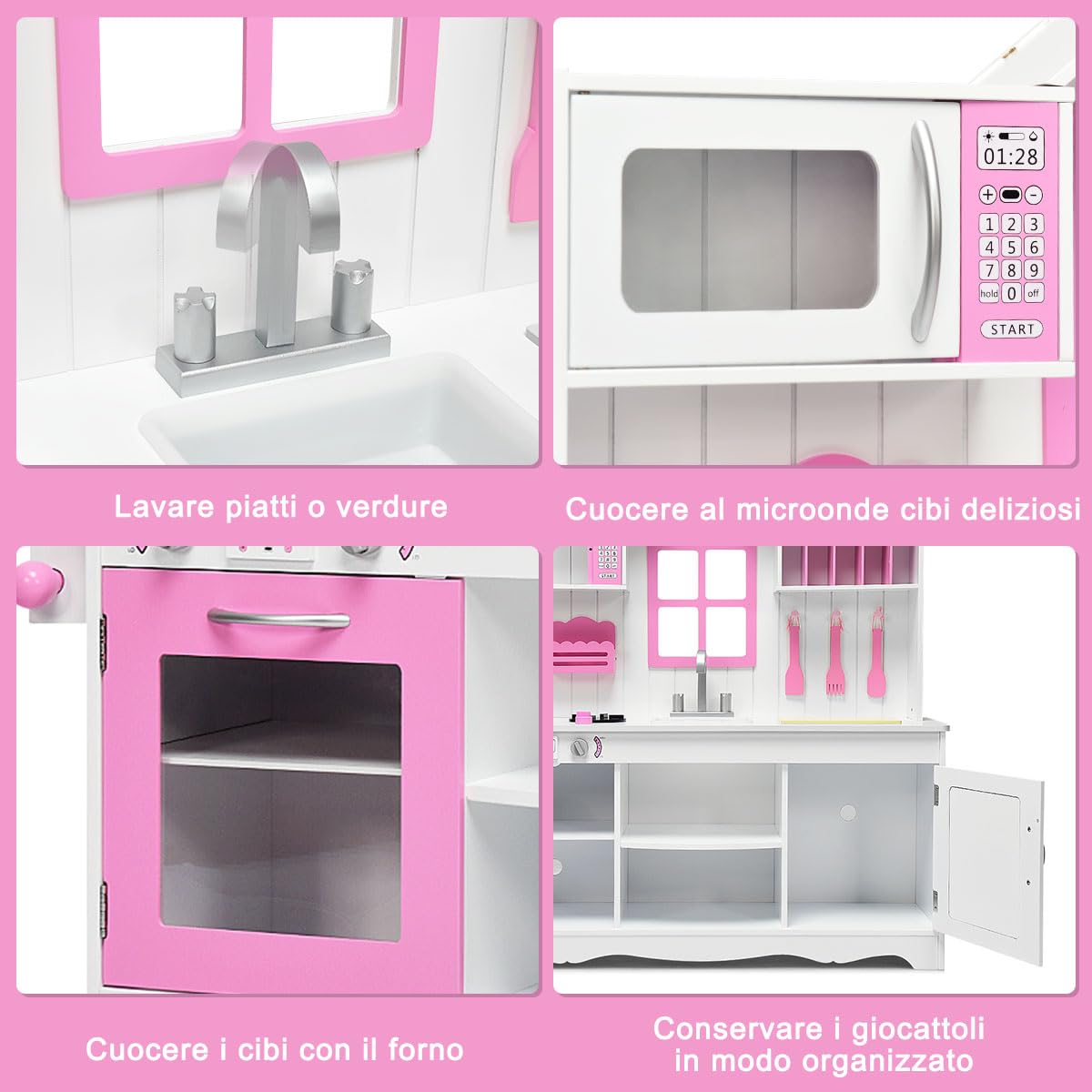 RELAX4LIFE Cucina Legno per Bambini, Cucina Giocattolo con Forno, Microonde e Fornelli, Mini Cucina, Giocattolo Educativo per Bambini 3+ Anni (Modello 1)