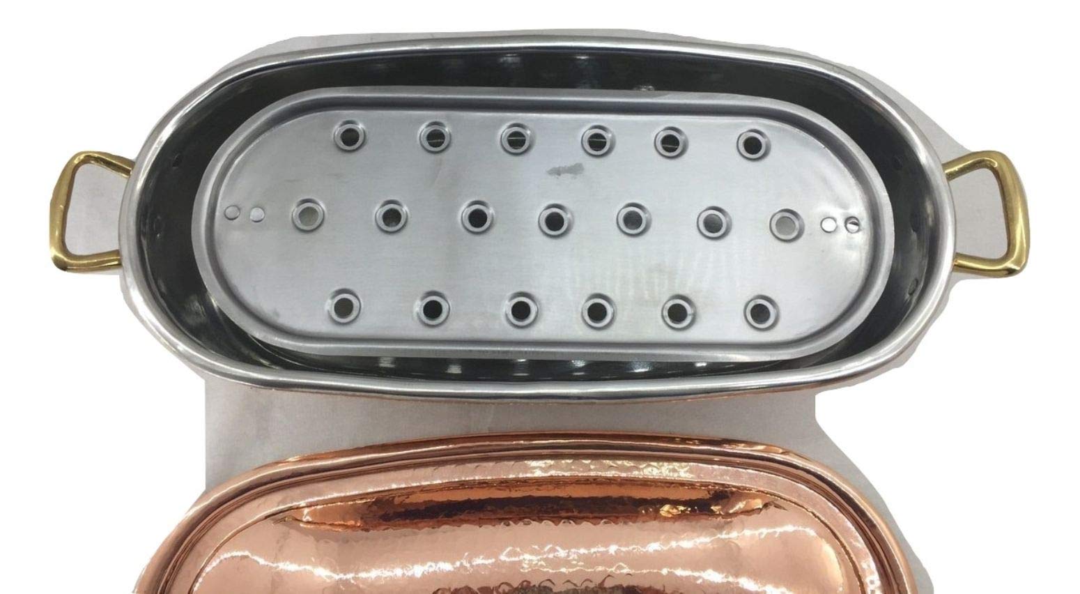 Pesciera in rame stagnato con coperchio da cucina griglia cestello vapore pentola pesce 44x20x13 cm