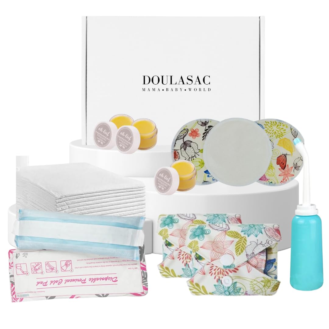 Doulsac Kit essentiel post-partum pour les nouvelles mamans – Essentiels post-naissance à l'hôpital – Comprend un biberon péri, des serviettes hygiéniques en bambou bio, des coussinets d'allaitement