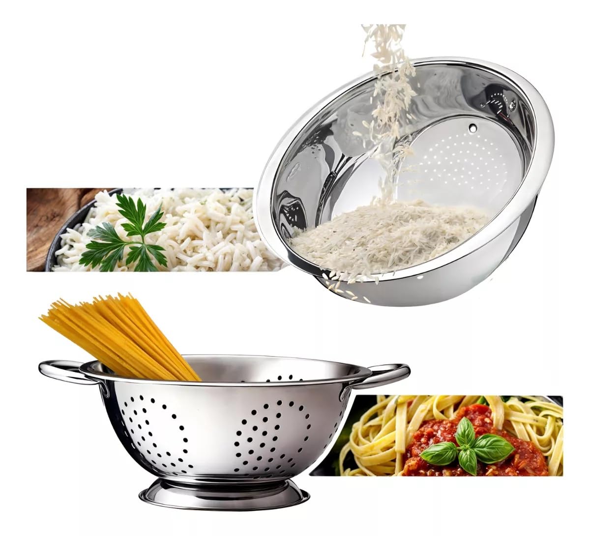 Escorredor de Massas + Escorredor de Arroz Inox Kit 2 Peças Escorredores Multiuso