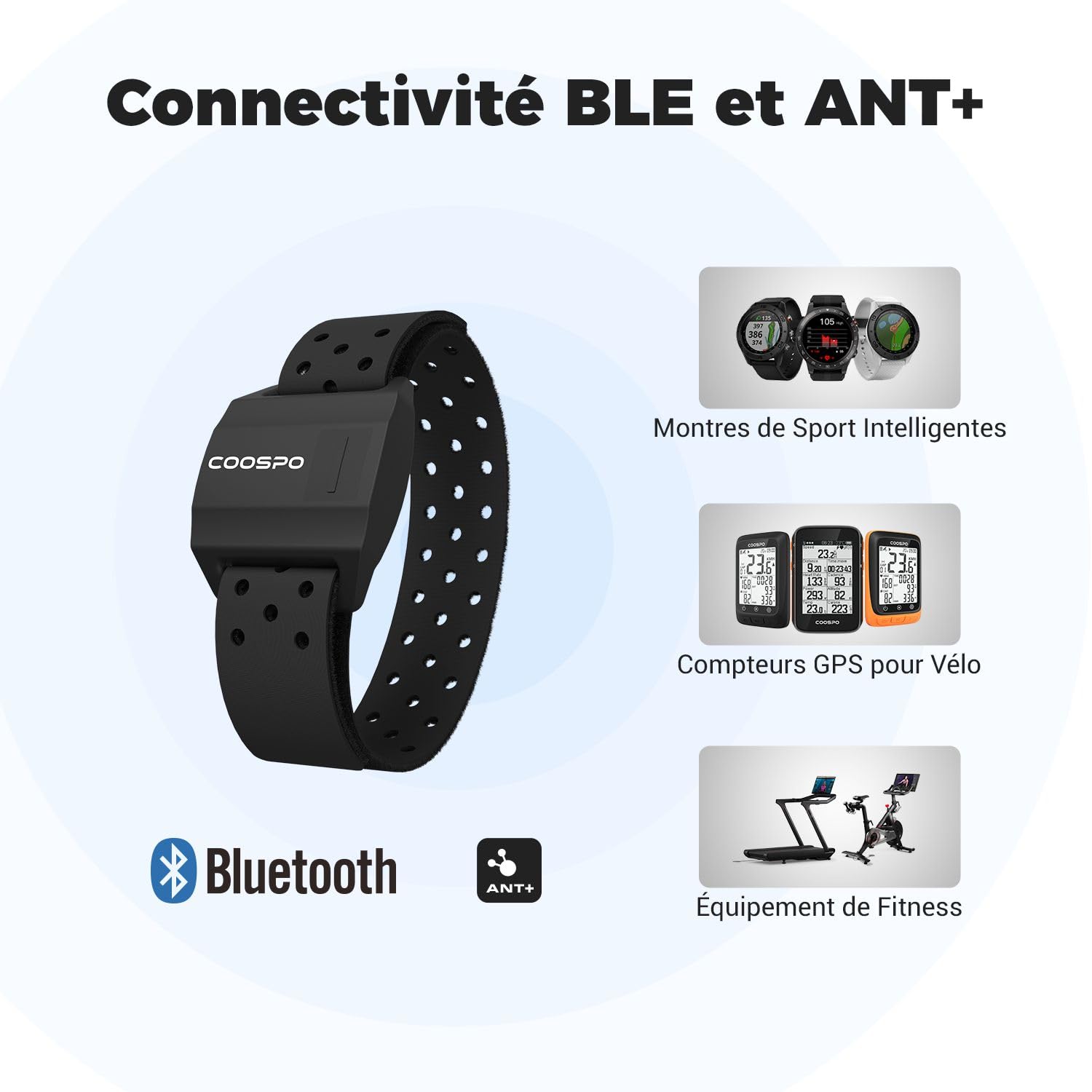 COOSPO Brassard optique Bluetooth 4.0 ANT+ compatible avec iFit Polar Strava Wahoo Garmin Peloton