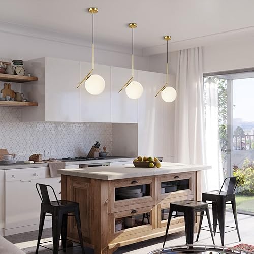 Miniatura 4 de BOKT Lámparas de araña de globo de 1 luz moderna de mediados de siglo, iluminación colgante redonda de bola de vidrio dorado cepillado, lámpara de