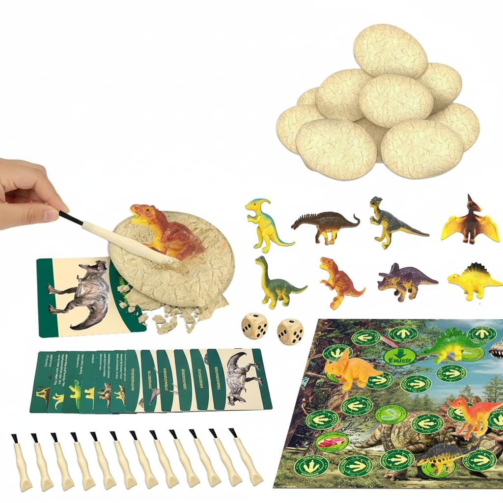 12 PCS Dinosaur Egg Excavation Kit for Kids, Play Mat & Educational Cards, STEM Science Activity, Easter & Birthday Party Fun, Preschool Learning & Outdoor Exploration Kit