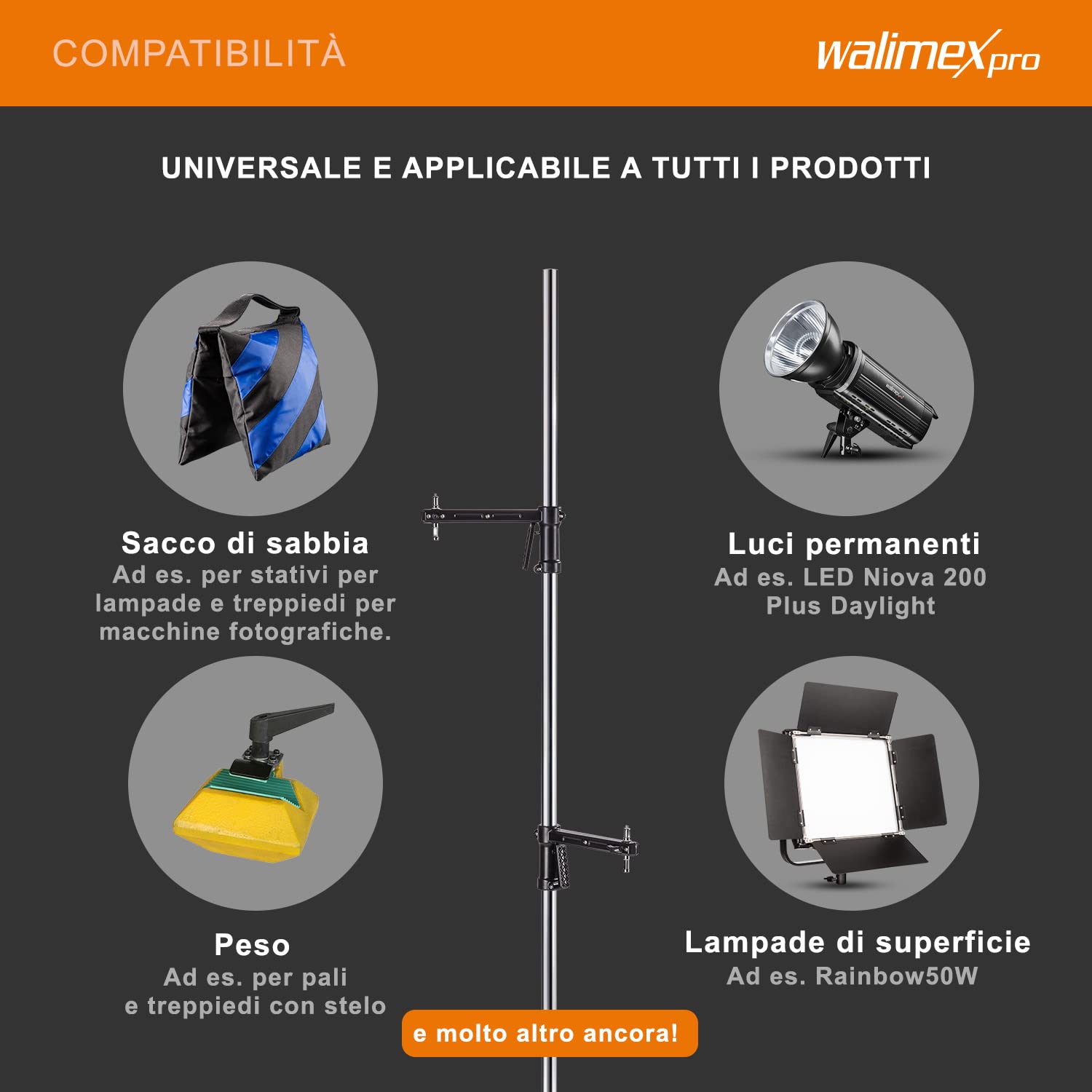Walimex pro Treppiede mobile 223 cm - Robusto treppiede da studio con 2 supporti a morsetto che possono essere spostati rapidamente e rulli stabili, caricabile fino a 12 kg