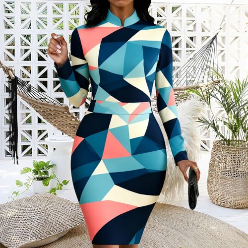 Image of MsavigVice Bodycon Dress Women Mandarin Collar Long Sleeve Knee Length | Vibrant abstract prints with bold varied hues, soft stretch fabric contours curves for sleek versatile everyday styling