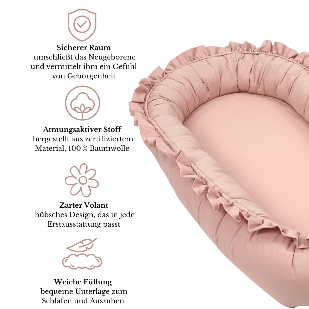 WIKLINOPOL Babynest per neonati – Nido per bebè 85x45 cm in rosa con volant – Nido portatile con materasso – Nido lavabile in 100% cotone – Sicuro per casa e viaggi