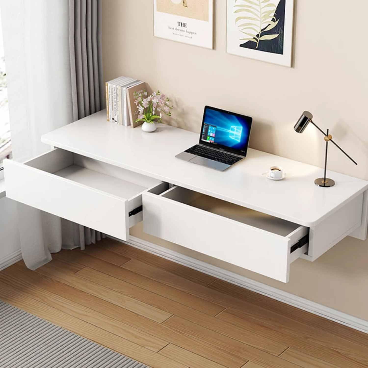 Scrivania sospesa moderna da parete con 2/3 Ders bianco comodino cact cuter scrivania piccola mensola per camera da letto o soggiorno (C 140 x 40 cm/55 x 16)