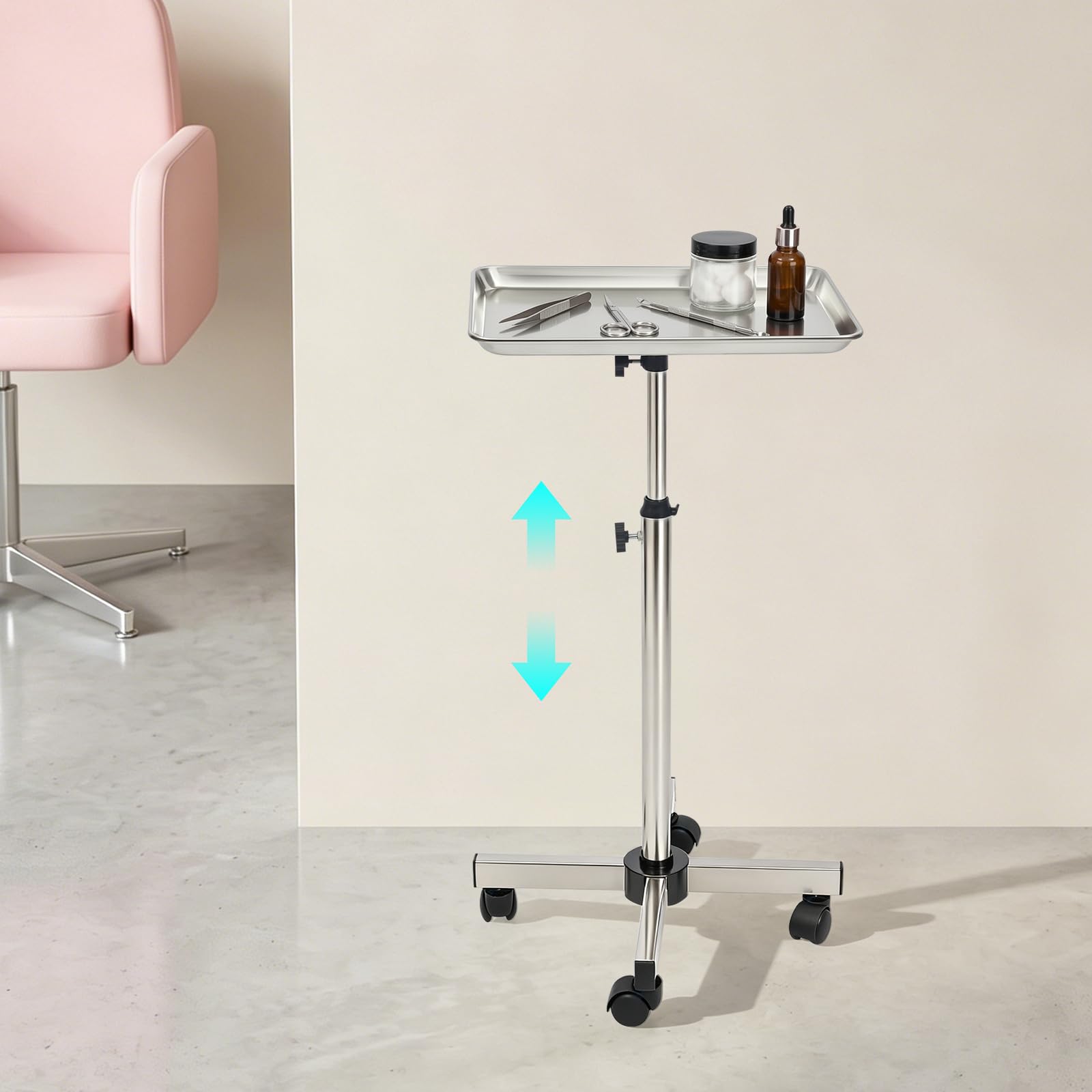 Vassoio da salone con ruote, vassoio per tatuaggi, carrello da laboratorio in acciaio inox | Carrello da parrucchiere regolabile in altezza per saloni, studi, negozi, dentisti