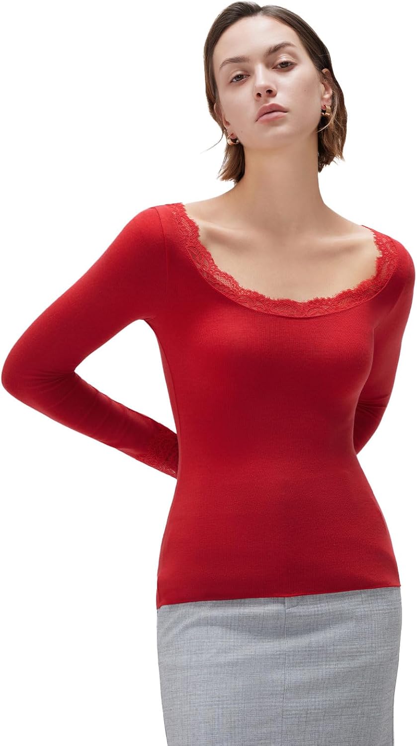 SUUKSESS Cloud Cashmere Women Lace Scoop Neck Tops Basic Long Sleeve Knit Shirts