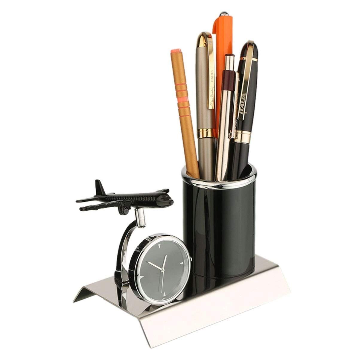 ZAHEPA Aeroplane Miniature Metal Pen Stand with Analog Table Clock, Desktop Organizer Pencil Holder, Stylish Desk Accessory for Office Table Decor, Storage Box, Corporate Gift for Men (Black)
