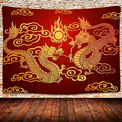 UHOMETAP Chinese Dragon Wall Tapestry - Red Golden Dragon Totem Wall Hanging - 80x60 Inches GTWYUH113
