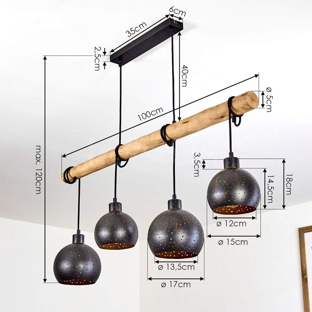 HOFSTEIN Pendelleuchte Imana 4-flammige Deckenlampe aus Metall in Schwarz/Kupferfarben, Vintage Look, Pendellampe mit Holz in Natur für Esszimmer, Küche, 4 x E27, höhenverstellbar bis max. 120 cm