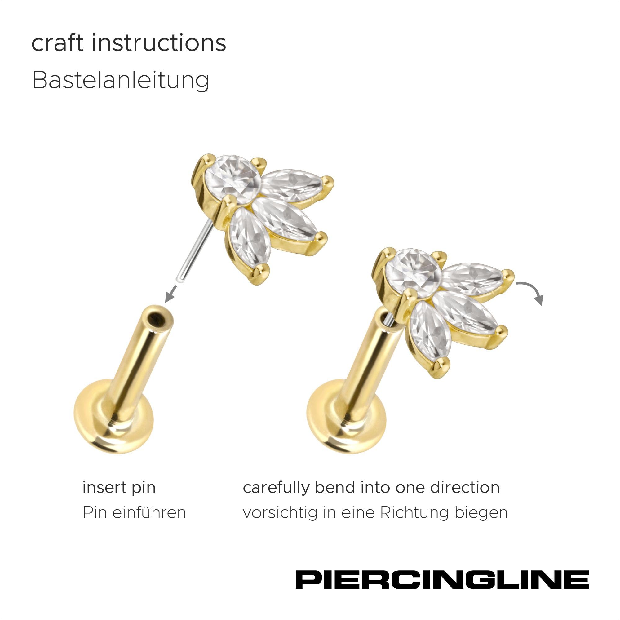 PIERCINGLINE Piercing Stecker 14 Gold Labret mit Push Fit MOISSANIT-LOTUSBLÜTE 585er Gold - Roségoldfarben, Goldfarben, Silberfarben