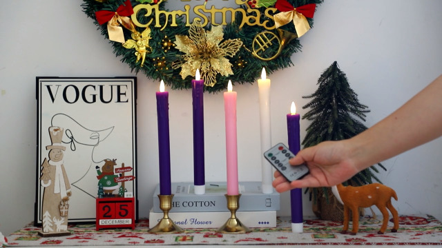 Image of Lezonic Flameless Advent Candles Battery Operated with Remote, Set of 5 Wax Christmas Taper Nativity Candles, LED Advent Wreath Candles for Church Home Christian Decor, 3 Purple & 1 Pink & 1 White