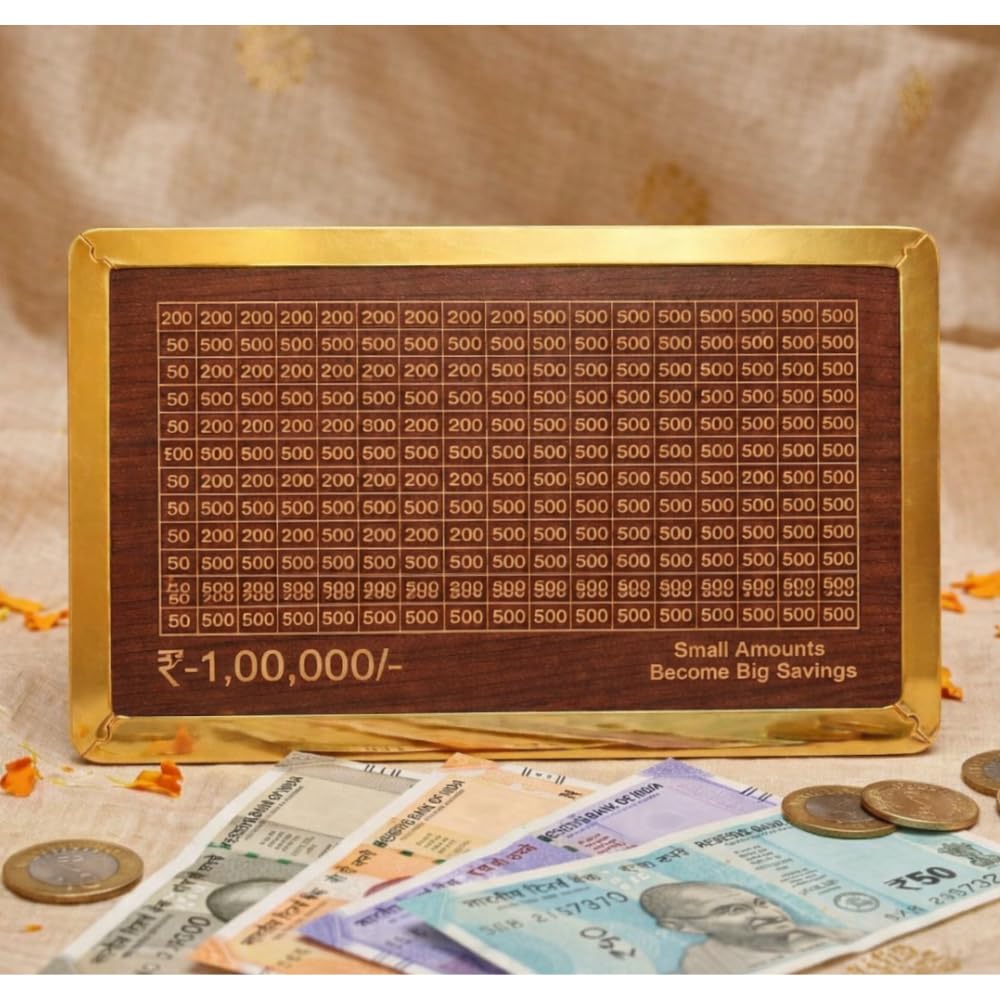 Premium Wooden Piggy Bank with Gold Frame | Money Saving Box for Adults & Kids 1 Lakh (100000 Savings Challenge) | Decorative Coin Box | Unique Gift for Men, Women, Boys & Girls-image-46