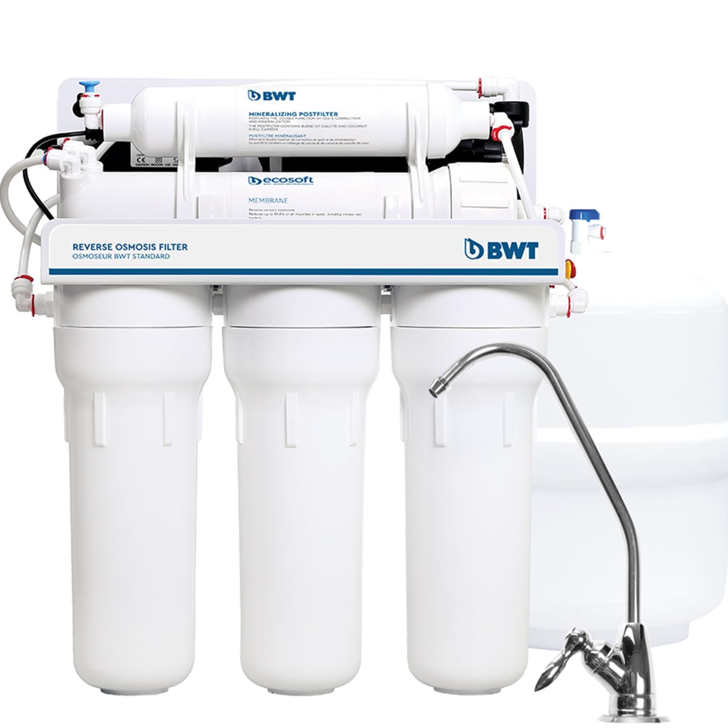BWT Standard Osmose Inverse Domestique 75 GPD Avec Pompe – Débit de 11,​8 L-​h - Réservoir de 12 L - 5 étapes avec minéralisation - Taux de récupération de 10-​20 purcent - Pression d'entrée de 2-​5 bar