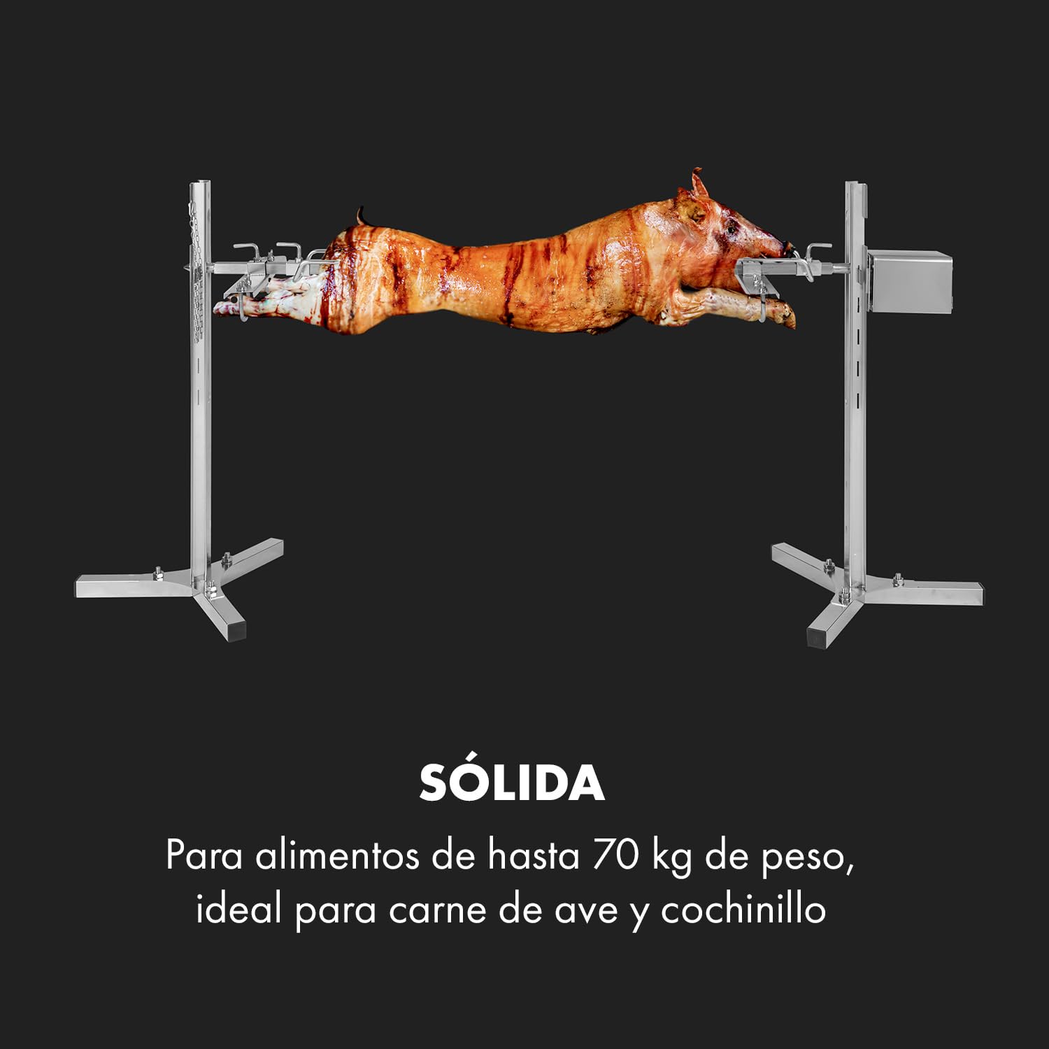 Klarstein Sauenland - Survivor asador de lechón, pincho giratorio, motor eléctrico de 12W, altura regulable 5 niveles, pincho giratorio, acero inoxidable, resiste hasta 70kg, estable, plateado
