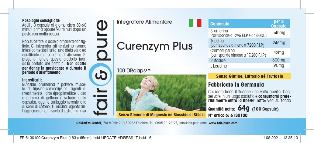 Fair & Pure® - Curenzym Plus 100 con bromelina, tripsina, quimotripsina y rutósido - Enzimas digestivas - 100 Cápsulas