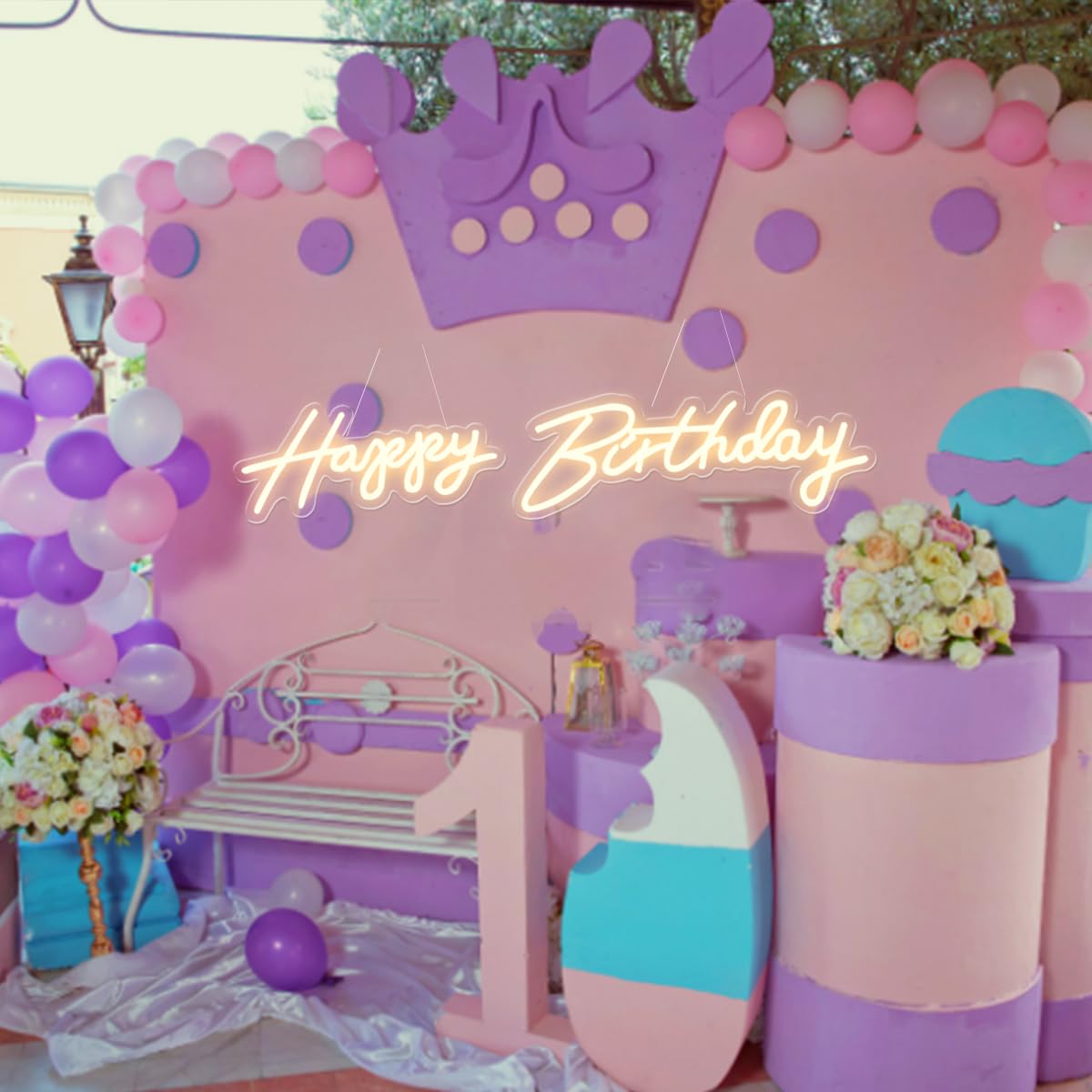 Letrero de neón de Feliz Cumpleaños de 3 pies, 2 luces LED regulables colgantes para fiestas para decoración de fondo de fiesta de cumpleaños (cálido, 20 pulgadas Feliz Cumpleaños)