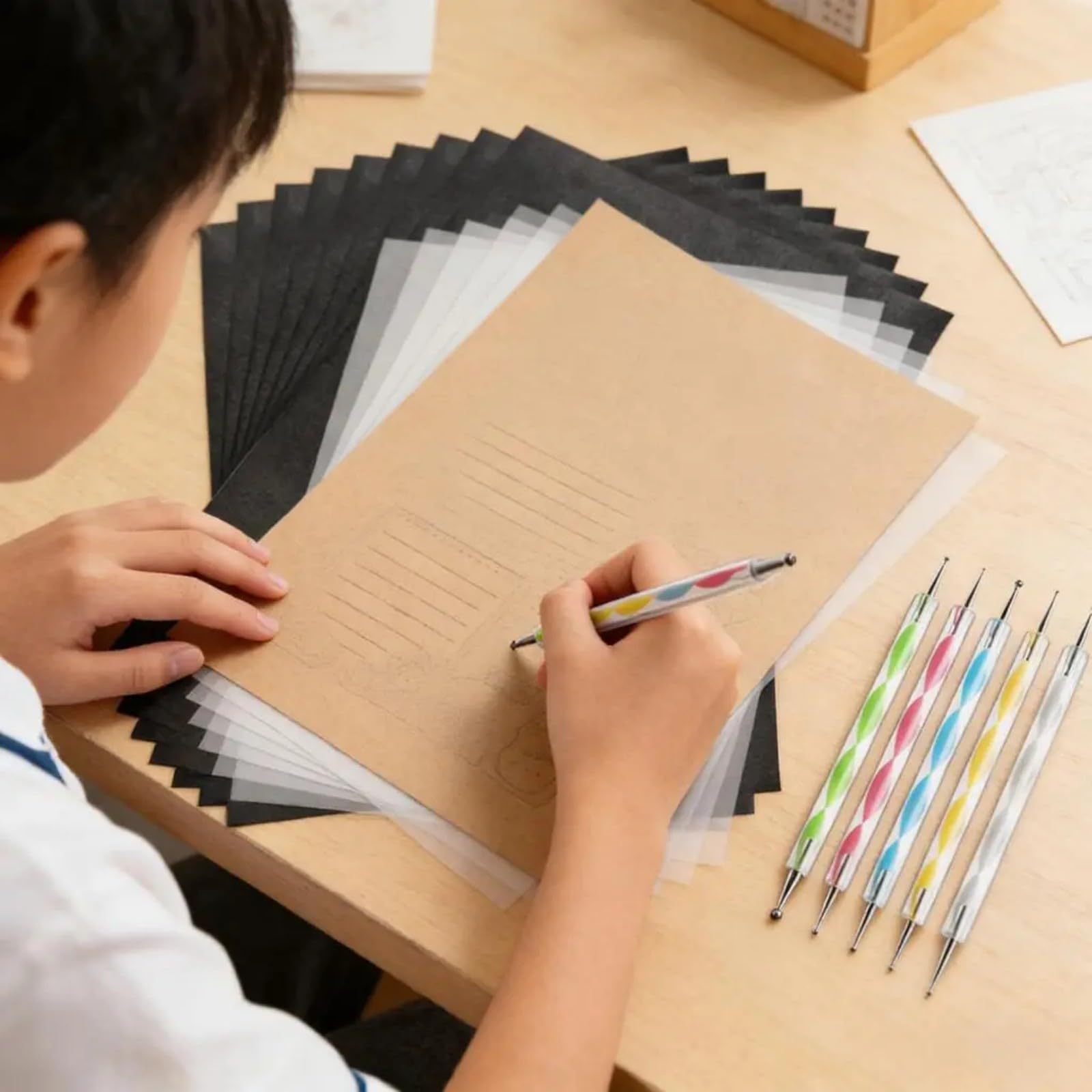Ensemble de papier de et de traçage en carbone, 100 feuilles, comprend 5 stylos de gaufrage pour le travail du bois, papier de