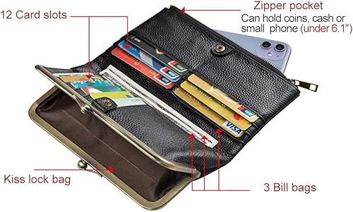 Miniatura 5 de Carteras de cuero suave para mujer compactas plegables RFID monedero con cremallera y bloqueo de beso Negro - Vintage