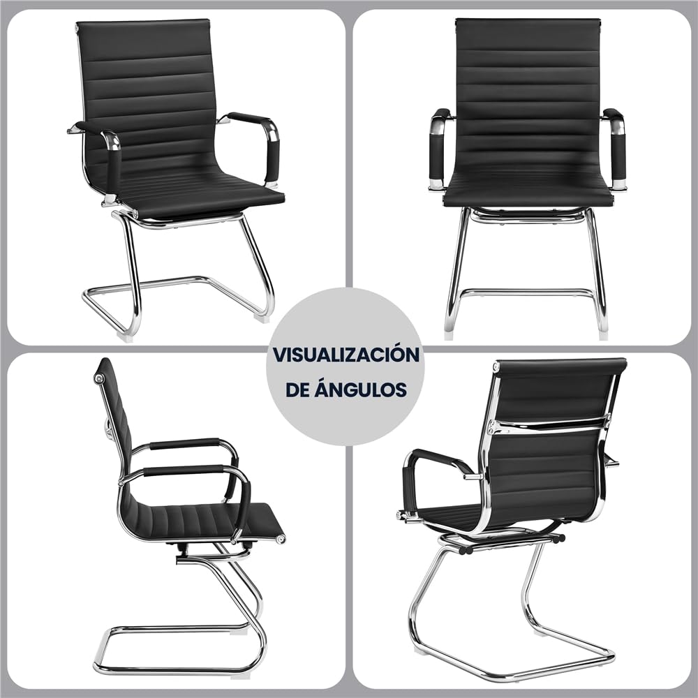 Yaheetech 2 Sillas de Oficina Silla de Recepción Ergonómicas en Negro | Tapizado en Polipiel, Diseño Moderno, Reposabrazos Integrados, Base Metálica, para Oficina, Sala de Espera y Reuniones