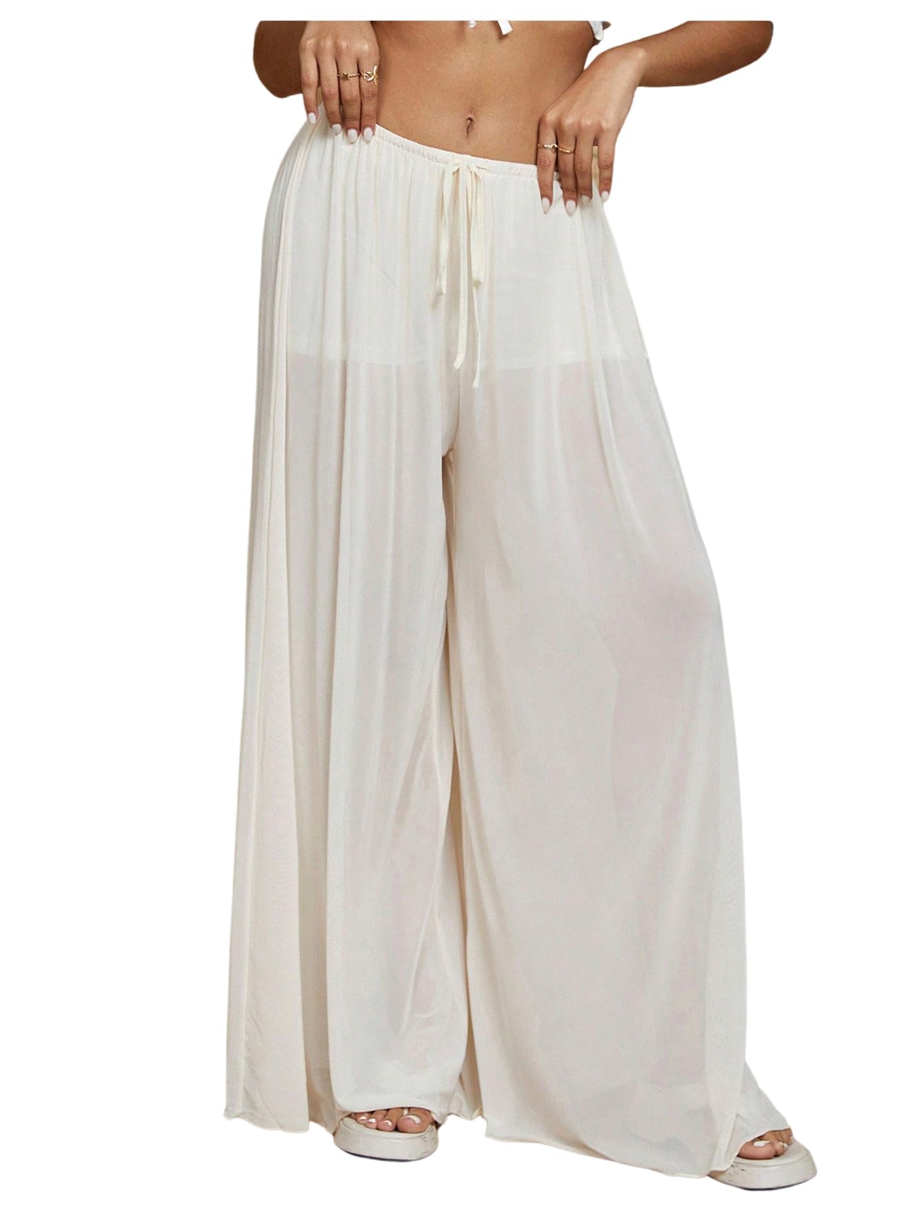 OYOANGLE Womens Drawstring Wide Leg Palazzo Pants Low Rise Beach Vacation Baggy Flowy Lounge Trousers