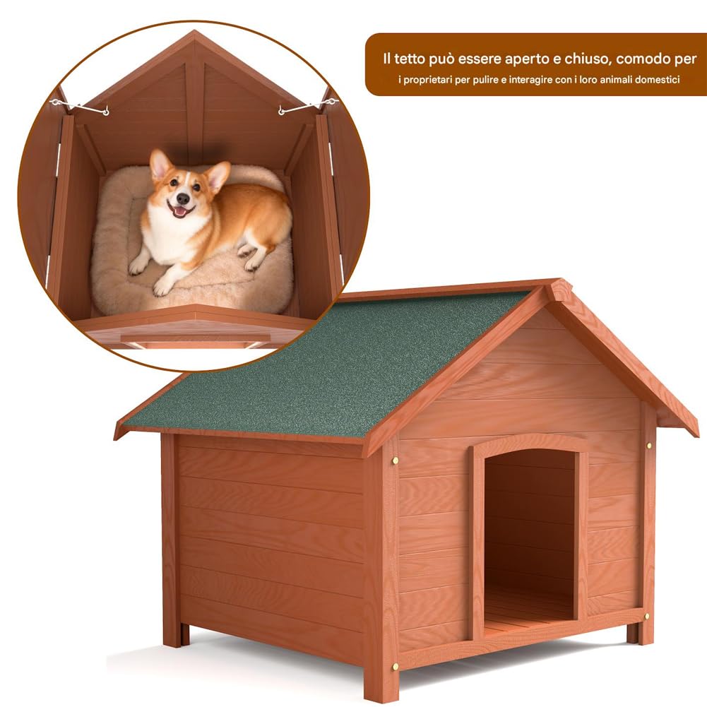 BAKAJI Cuccia per Animali Domestici in Legno, Casetta per Cani e Gatti con Tetto Spiovente Apribile, Casa da Esterno e Interno Resistente Intemperie e Agenti Atmosferici, Tettoia Asfaltata, 89x84x76cm