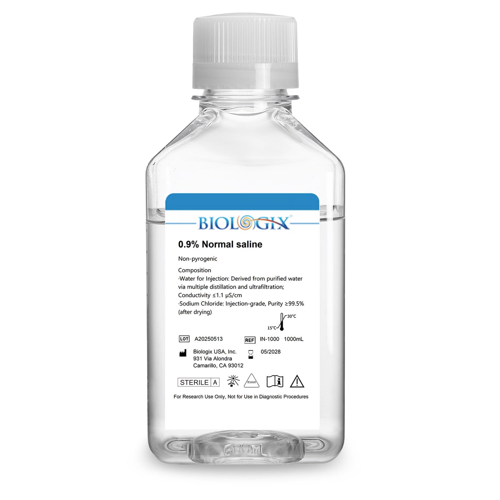 CryoKing 0.9% Normal Saline Solution, 1000ml Big Bottle SPSS Buffer, 0.1um Filtration Sterilized, Lab Buffer, 1000ml/Bottle