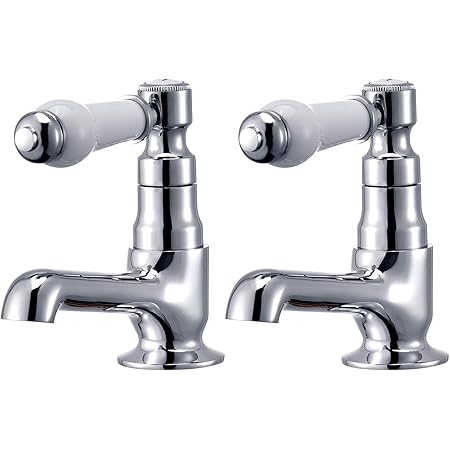Hapilife DT20E Basin Pair Victoria Traditional Bathroom Sink Taps Mixers Ceramic Lever, Chrome & White